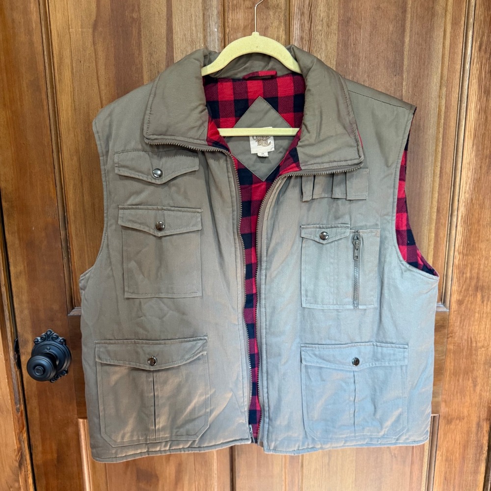 Vintage Ozark Trail Men 2X Khaki Canvas Utility Vest Plaid Fleece Lined Full Zip